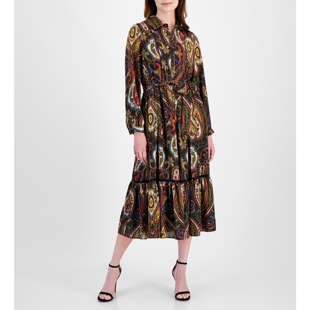 T Tahari Women's Paisley-Print Half-Placket Tiered Maxi Dress Multi Size 10 1846